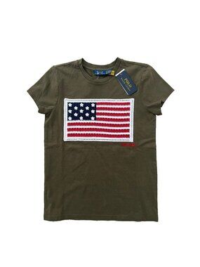 Polo Ralph Lauren Army Green Crochet USA Flag Cotton Tee ( XS )